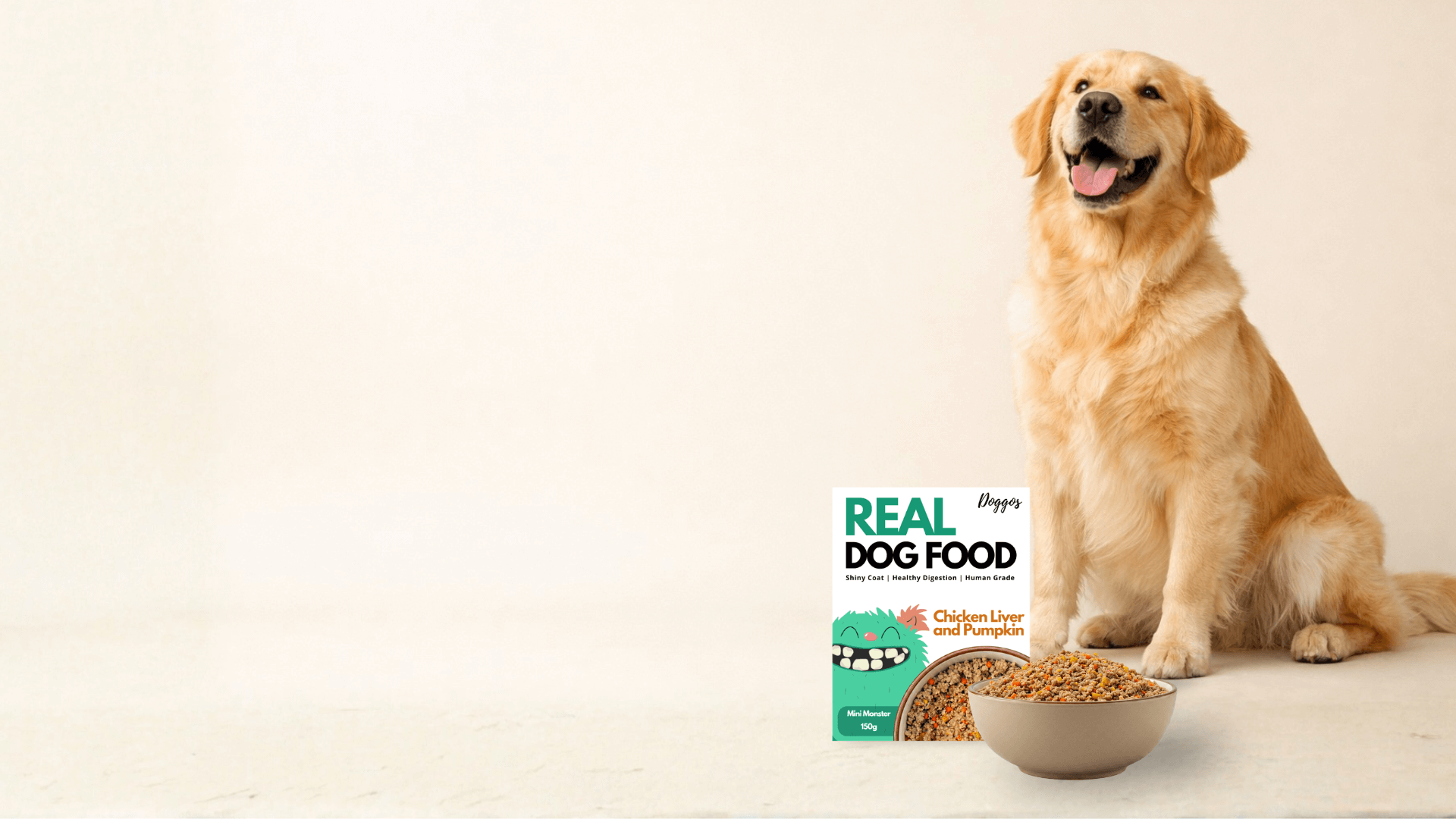 Golden Retriever sitting next to Doggos real fresh dog food and a bowl of human-grade dog food